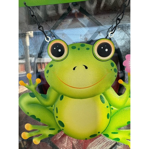 Metal Welcome Frog Figurine Sign Soring Summer Wall Art Door Hanger Decor - Picture 2 of 5